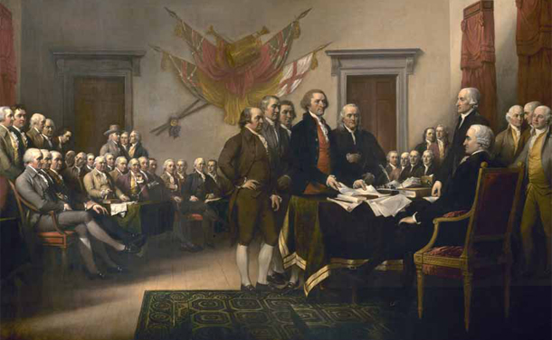Progressives throughout history have venerated the ideals of America’s Founding, particularly as expressed in the Declaration of Independence (the presentation of which is pictured above) and the Preamble to the U.S. Constitution. (John Trumbull/Public Domain)