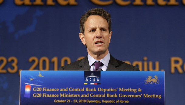 U.S. Treasury Secretary Timothy Geithner speaks at a press conference during the G-20 Finance Ministers and Central Bank Governors meeting in Gyeongju, South Korea, Saturday, October 23, 2010. (AP/Ahn Young-joon)