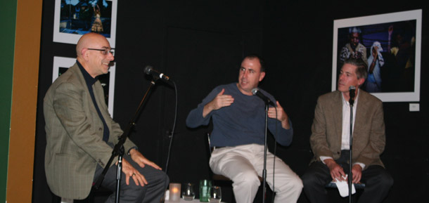 Jonathan Chait, center, senior editor at <i>The New Republic</i>, speaks at Progressivism on Tap flanked by CAP Senior Fellows Ruy Teixeira, left, and John Halpin, right. (Center for American Progress)