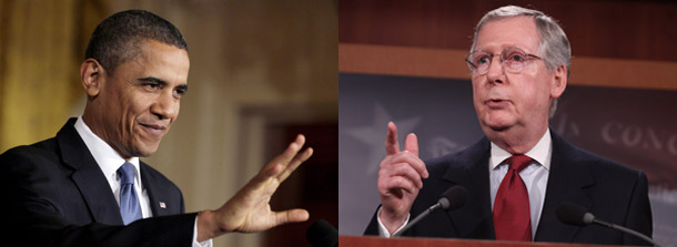 President Barack Obama, left, has signaled he is willing to work with Republicans on energy issues. Sen. Mitch McConnell (R-KY), right, does not appear to be in a similarly cooperative mood. (AP/J. Scott Applewhite/Carolyn Kaster)