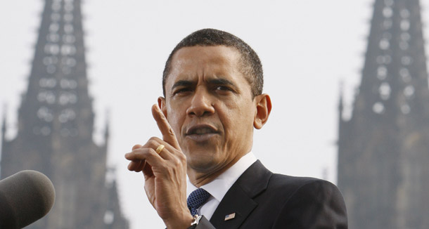 President Barack Obama addresses a crowd in Prague on April 5, 2009. The charge that the Obama administration has abandoned Europe ignores several steps the administration has taken that improved Europe's security, including the "reset" with Russia. (AP/Charles Dharapak)