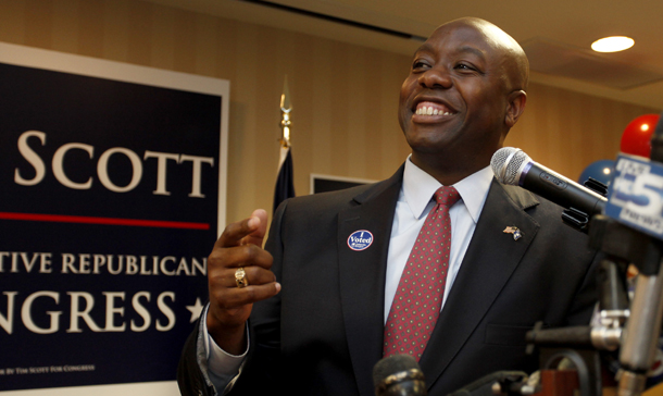 Republican Congressman-elect Tim Scott celebrates his victory at his election night party at the Hilton Garden Inn in North Charleston, SC. Scott will become the first Republican African-American congressman from South Carolina since Reconstruction. (AP/Alice Keeney)