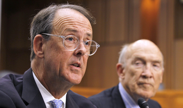 Erskine Bowles, left, and former Wyoming Sen. Alan Simpson, co-chairmen of the president's deficit commission, speak to the media after a meeting of the commission on Capitol Hill in Washington, Wednesday, December 1, 2010. (AP/Alex Brandon)