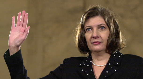 Texas Supreme Court Justice Priscilla Owen is sworn in on Capitol Hill on July 23, 2002, in Washington, prior to a Senate Judiciary Committee hearing on her nomination to be a judge of the 5th U.S. Circuit Court of Appeals. Owen was nominated by President George W. Bush, and was part of the decades-long conservative push to move the courts to the right. (AP/Dennis Cook)