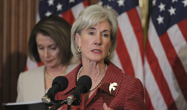 Health and Human Services Secretary Kathleen Sebelius speaks about benefits and questions about the Affordable Care Act and Medicare during a news conference on Capitol Hill on Wednesday, May 26, 2010. (AP/Manuel Balce Ceneta)