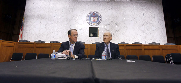 National Commission on Fiscal Responsibility and Reform co-chairmen Erskine Bowles, left, and former Wyoming Sen.  Alan Simpson speak to the media after a meeting of the commission in Washington on December 1, 2010. The problem with the commission's aggressive deficit reduction is that it is  extremely hard to imagine a Democratic president, a Republican House,  and a filibustered Senate being able to agree on how to do it. (AP/Alex Brandon)
