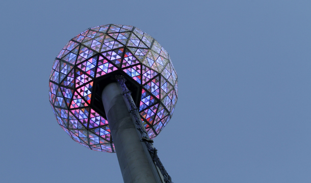 The New Year's Eve Ball is lit at the top of a 141-foot flagpole over Times Square during a test run Thursday, December 30, 2010, in New York. The ball was powered by 32,256 Philips Luxeon Rebel LEDs. (AP/Mary Altaffer)