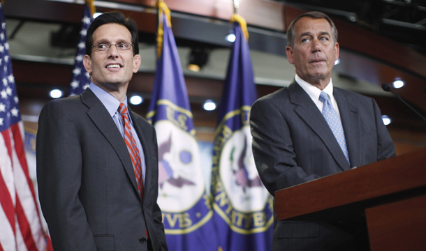 House Majority Leader Eric Cantor (R-VA), left, and House Speaker John Boehner (R-OH) take part in a news conference on Capitol Hill in Washington, Thursday, January 6, 2011, to discuss repealing the new health care reform law.
  (AP/Charles Dharapak)