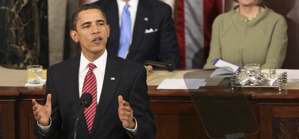 President Barack Obama addresses a joint session of Congress on February 24, 2009. President Obama noted in that speech that “the country that harnesses the power of clean, renewable energy will lead the 21st century.” He can reaffirm his commitment to clean energy in this year's State of the Union. (AP/Ron Edmonds)