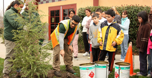 An AmeriCorps member plants trees with students and teachers at Leroy Anderson Elementary School in San Jose, California. AmeriCorps members serve in schools and health clinics across the country, restore the natural environment in state parks, and help communities prepare for emergencies so that damages to life and property are minimized. (Flickr/<a href=
