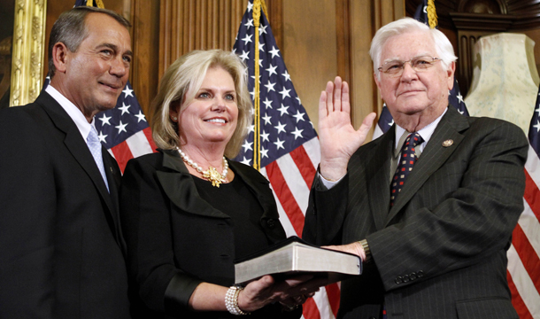 House Speaker John Boehner (R-OH) administers the House oath to Rep. Hal Rogers (R-KY), chairman of the House Appropriations Committee. Last week, Rogers introduced a plan to slash $100 billion in the remaining months of FY 2011, cuts that include reductions in education, innovation for energy efficiency and independence, health and life sciences technologies, infrastructure modernization, and export development. (AP/Jacquelyn Martin)