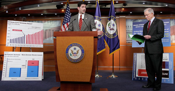 House Budget Committee Chairman Paul Ryan and the Senate Budget Committee's top Republican, Sen. Jeff Sessions of Alabama, right, give the GOP response to President Obama's budget submission for fiscal year 2012. (AP/J. Scott Applewhite)