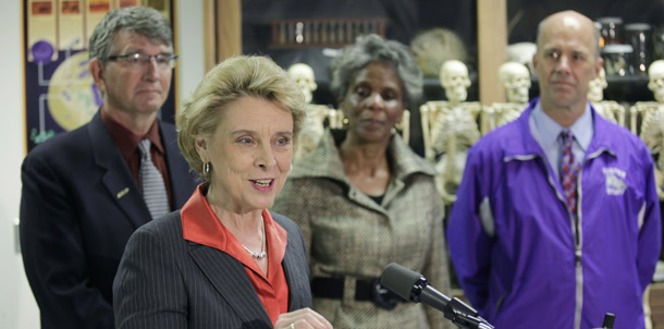 Washington Gov. Chris Gregoire, second from left, signed into law an education reform plan designed to help the state compete for a slice of the Obama administration's $4.35 billion Race to the Top program. The House Republicans'  continuing resolution provides no money for new rounds of Race to the Top or the Investing in Innovation or i3 Fund. (AP/Ted S. Warren)