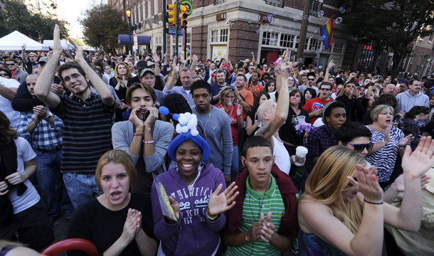 A crowd gathers on the street during an antigay bullying rally in Philadelphia. (AP/Michael Perez)