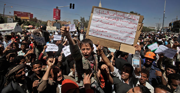 A Yemeni boy joining antigovernment demonstrators shouts slogans during a demonstration on Sunday. The United States can play a key leadership role in helping this troubled region of the world address decades-long problems. (AP/Muhammed Muheisen)