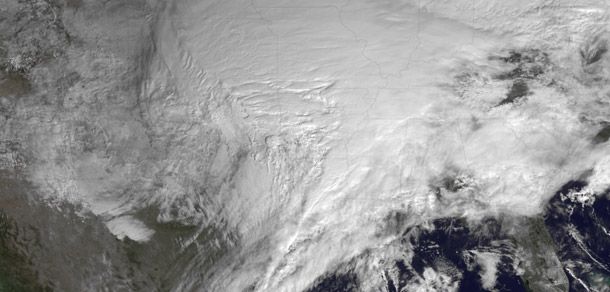 An image provided by NOAA and taken February 1, 2011, shows a huge swath of the United States affected by a winter storm. NOAA's satellites play a key role in projecting the strength and tracking of major storms and hurricanes. (AP/NOAA)