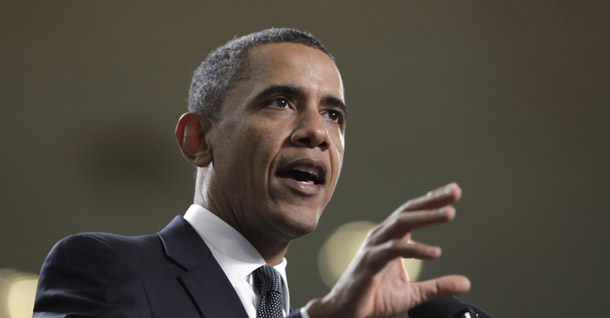 President Barack Obama speaks about building energy efficiency at Rec Hall on the Penn State University campus in State College, PA, on February 3, 2011. (AP/Carolyn Kaster)