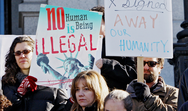 Protesters rally at the Denver state capitol on Tuesday, January 4, 2011, to protest Colorado's participation in a federal program aimed at identifying illegal immigrants when they're booked into jails. Statehouse conservatives are declaring war on minorities, women, immigrants, and the poor by proposing harsh legislation targeted specifically at them. (AP/Ed Andrieski)