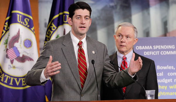 House Budget Committee Chairman Paul Ryan (R-WI) and the Senate Budget Committee's top Republican, Sen. Jeff Sessions of Alabama, give the GOP response to President Obama's budget submission for FY 2012. (AP/J. Scott Applewhite)