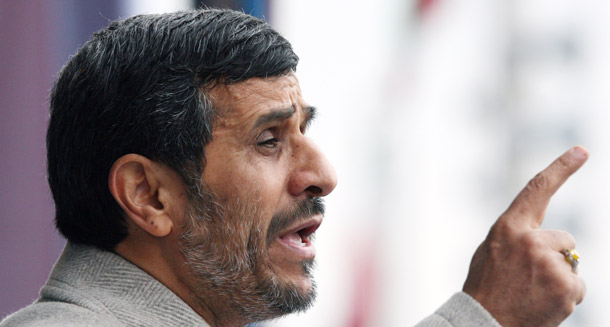 Iranian President Mahmoud Ahmadinejad, gestures, as he delivers his speech on February 11, 2011. The United Nations Human Rights Council announced last week that it would name a special investigator to monitor and report on human rights in Iran.  (AP/Vahid Salemi)