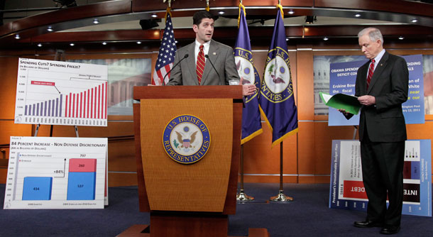 House Budget Committee Chairman Paul Ryan, left, and the Senate Budget Committee's top Republican, Sen. Jeff Sessions of Alabama, right, give the GOP response to President Obama's budget submission for Fiscal Year 2012. (AP/J. Scott Applewhite)