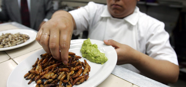 A cook dresses up a plate of deep-fried worms served with a dollop of guacamole at the Hosteria Santo Domingo in Mexico City, Mexico. (AP/Dario Lopez-Mills)