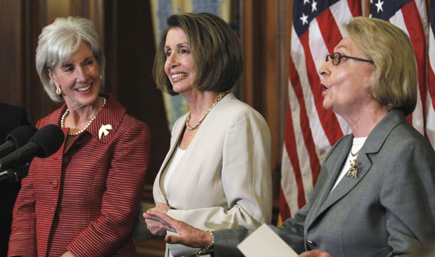 Health and Human Services Secretary Kathleen Sebelius, left, former House Speaker Nancy Pelosi, center, and former Rep. Barbara Kennelly discuss benefits and questions about the Affordable Care Act and Medicare during a news conference on Capitol Hill in Washington. (AP/Manuel Balce Ceneta)