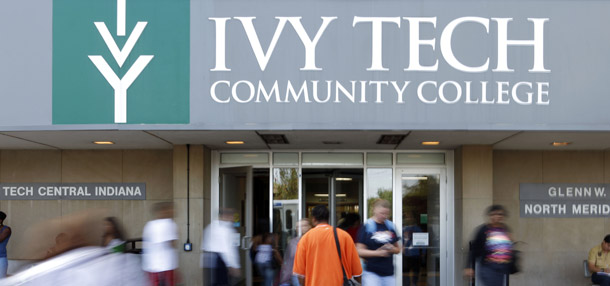 Ivy Tech Community College in Indiana, above, is pioneering an earn-while-you-learn system that enables working learners to obtain an associate’s degree in less than 24 months while working full time. (AP/Michael Conroy)