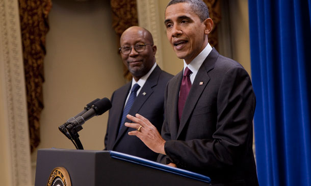 U.S. Trade Representative Ron Kirk, left, looks on as President Barack Obama talks about the US-Korea Free Trade Agreement. (AP/Evan Vucci)