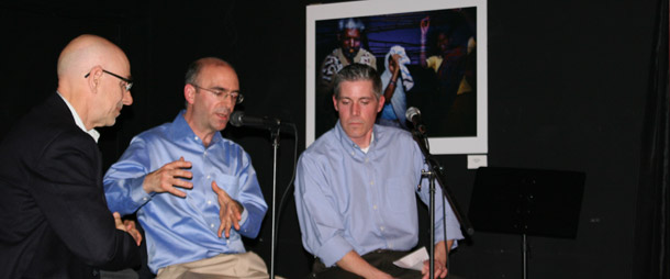 Joe Romm, center, talks with Ruy Teixeira, left, and John Halpin, right, during a Progressivism on Tap event on March 23. Romm spoke about the Obama administration's record so far on clean energy. (Campus Progress)