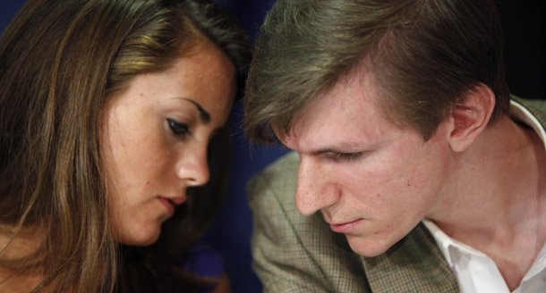 James O'Keefe, right, with Hannah Giles, once again duped the mainstream media with his doctored video of a meeting with an NPR fundraiser. (AP/Haraz N. Ghanbari)