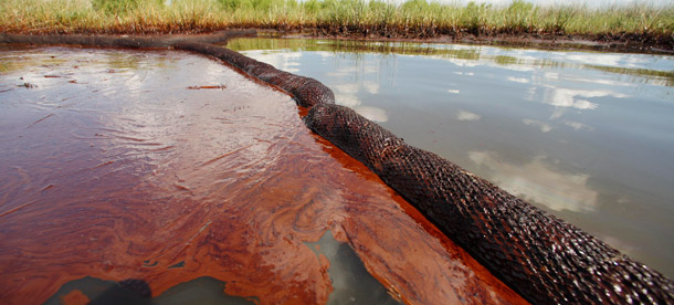 Oil from the Deepwater Horizon oil spill  is seen floating on the surface of the water in Bay Jimmy in Plaquemines Parish, Louisiana, on June 26, 2010. No bills have been enacted to address cleanup and recovery in the Gulf. (AP/Gerald Herbert)