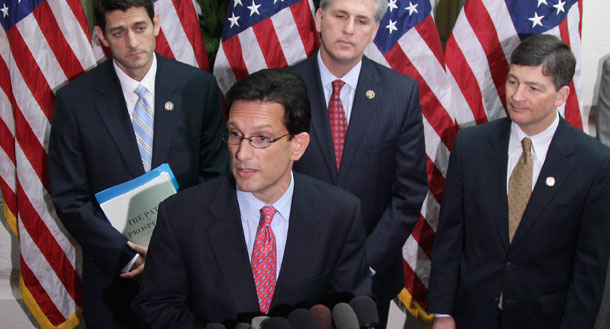 House Majority Leader Eric Cantor of Virginia, accompanied by House Budget Committee Chairman Rep. Paul Ryan, House Majority Whip Kevin McCarthy, and Rep. Jeb Hensarling, speaks during a news conference on Capitol Hill. (AP/Carolyn Kaster)