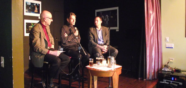 From left, Ruy Teixeira, Tom Malinowski, and Brian Katulis discuss the popular uprisings in the Middle East at Washington, D.C.'s Busboys & Poets as part of CAP's Progressivism on Tap series. (Center for American Progress)