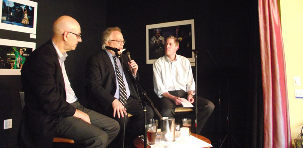 Lawrence Mishel, center, president of the Economic Policy Institute, talks with CAP's Ruy Teixeira, left, and John Halpin, right. (Center for American Progress)