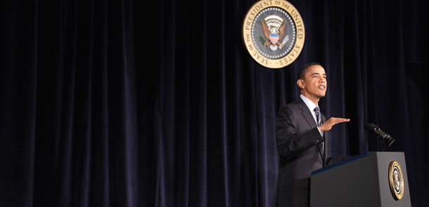 President Barack Obama outlines his fiscal policy during an address at George Washington University in Washington, Wednesday, April 13, 2011. (AP/Pablo Martinez Monsivais)