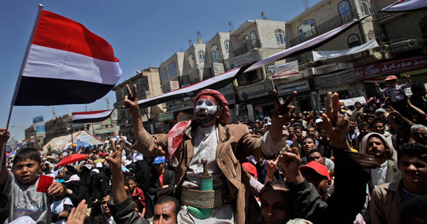 Antigovernment protesters chant slogans during a demonstration  demanding the resignation of Yemeni President Ali Abdullah Saleh in  Sanaa, Yemen. (AP/Muhammed Muheisen)