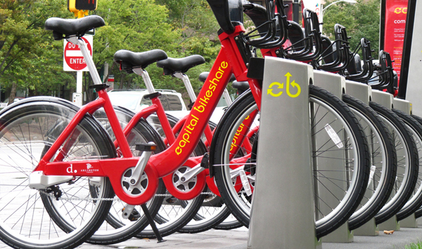 Capital Bikeshare, D.C.'s bikesharing program, features 1,100 bikes stationed at 110 docks around D.C. and Arlington, VA. Members can check out and return bikes to any station, which makes them a great alternative for commuting, running errands, or simply taking a bike ride around town—all without emitting harmful pollutants. (Flickr/<a href=