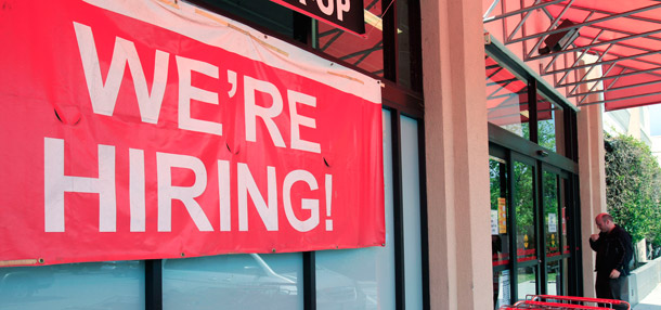 A "We're Hiring!" sign is shown at an Office Depot in Mountain View, California, on April 25, 2011. (AP/Paul Sakuma)