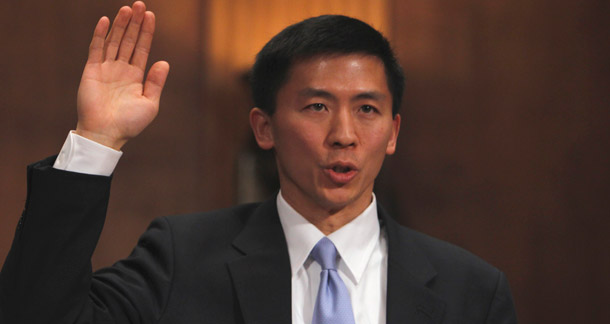 California law professor Goodwin Liu, is sworn in on Capitol Hill in Washington, April 16, 2010, prior to testifying before the Senate Judiciary Committee hearing on his nomination to be U.S. Circuit Judge for the Ninth Circuit. (AP/Charles Dharapak)