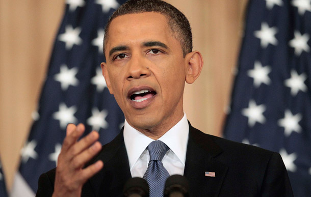 President Barack Obama delivers a policy address on events in the Middle East at the State Department in Washington, May 19, 2011. The speech was a step in the right direction, but it does not a strategy make. (AP/Pablo Martinez Monsivais)