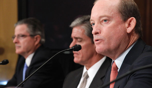 From left, Chevron CEO John Watson, Shell Oil President Marvin Odum, and BP America Chairman H. Lamar McKay, testify on Capitol Hill in Washington, Thursday, May 12, 2011, before the Senate Finance Committee. (AP/Alex Brandon)