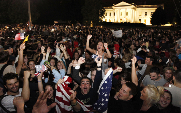 Crowds gather outside the White House in Washington early Monday, May 2, 2011, to celebrate after President Barack Obama announced the death of Osama bin Laden. (AP/Manuel Balce Ceneta)