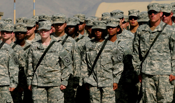 U.S. soldiers stand in formation at the Bagram U.S. military base, north of Kabul, Afghanistan. (AP/Rodrigo Abd)