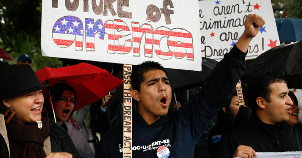 Undocumented college student Jorge Herrera, 18, center, of Carson,  California, rallies with students and DREAM Act supporters in Los Angeles on December 18, 2010. (AP/Jason Redmond)