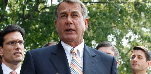 House Speaker John Boehner of Ohio, center, stands with other Republicans on June 1, 2011, after their meeting with President Barack Obama regarding the debt ceiling. Members of Congress, including very influential and high-ranking conservatives, are threatening not to raise the debt ceiling. (AP/Charles Dharapak)