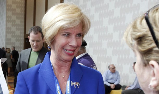 Los Angeles City Councilwoman Janice Hahn talks with an attendee at the California Democratic Convention in Los Angeles, California, Saturday, April 17, 2010. (AP/Reed Saxon)