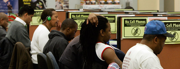 Job seekers are seen searching for work via the internet at the One-Stop Career Center in Oakland, California. The Senate HELP Committee’s authorization aims to build the capacity of these career centers to provide continuous counseling services. (AP/Ben Margot)