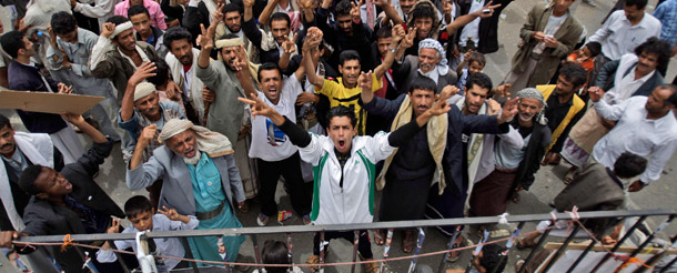 Antigovernment protesters chant slogans during a demonstration  demanding the resignation of Yemeni President Ali Abdullah Saleh in  Sana'a, Yemen, June 13, 2011. The Obama administration has decided to move CIA drones into Yemen due to concern that Al Qaeda is taking advantage of the country's political crisis. (AP/Hani Mohammed)