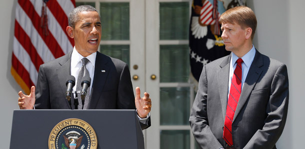 President Barack Obama announces the nomination of former Ohio Attorney  General Richard Cordray, right, to serve as the first director of the  Consumer Financial Protection Bureau on July 18, 2011. (AP/Manuel Balce Ceneta)
